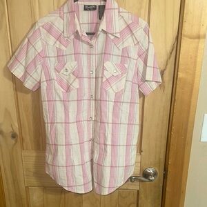 Wrangler Pink and White Plaid Button Down Shirt